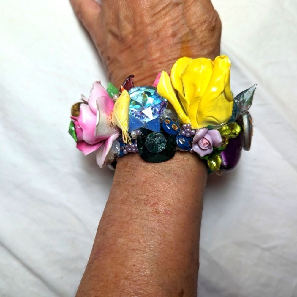 Wendy Gell Wristy Two Porcelain Flowers Tiny Yellow Bird, Swarovski Jewels.